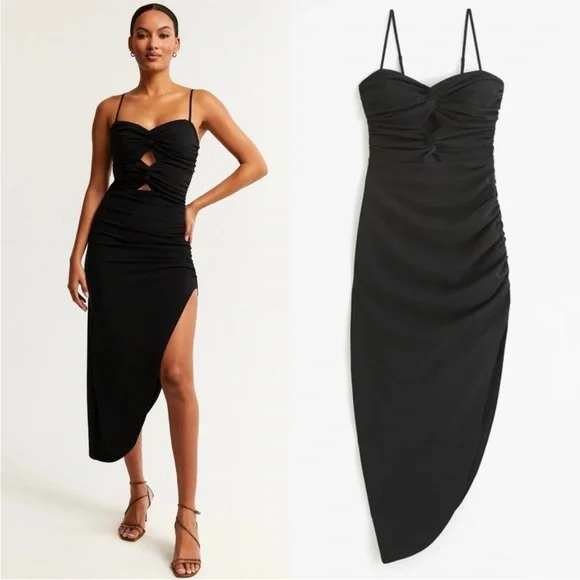 Abercrombie & Fitch Ruched Front Cutout Asymmetrical Midi
Dress Black Small - Picture 1 of 8